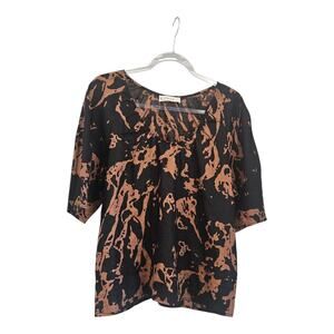 Everlane The Scoop Top Womens L Blouse 100% Linen Brown Black Puff Sleeves